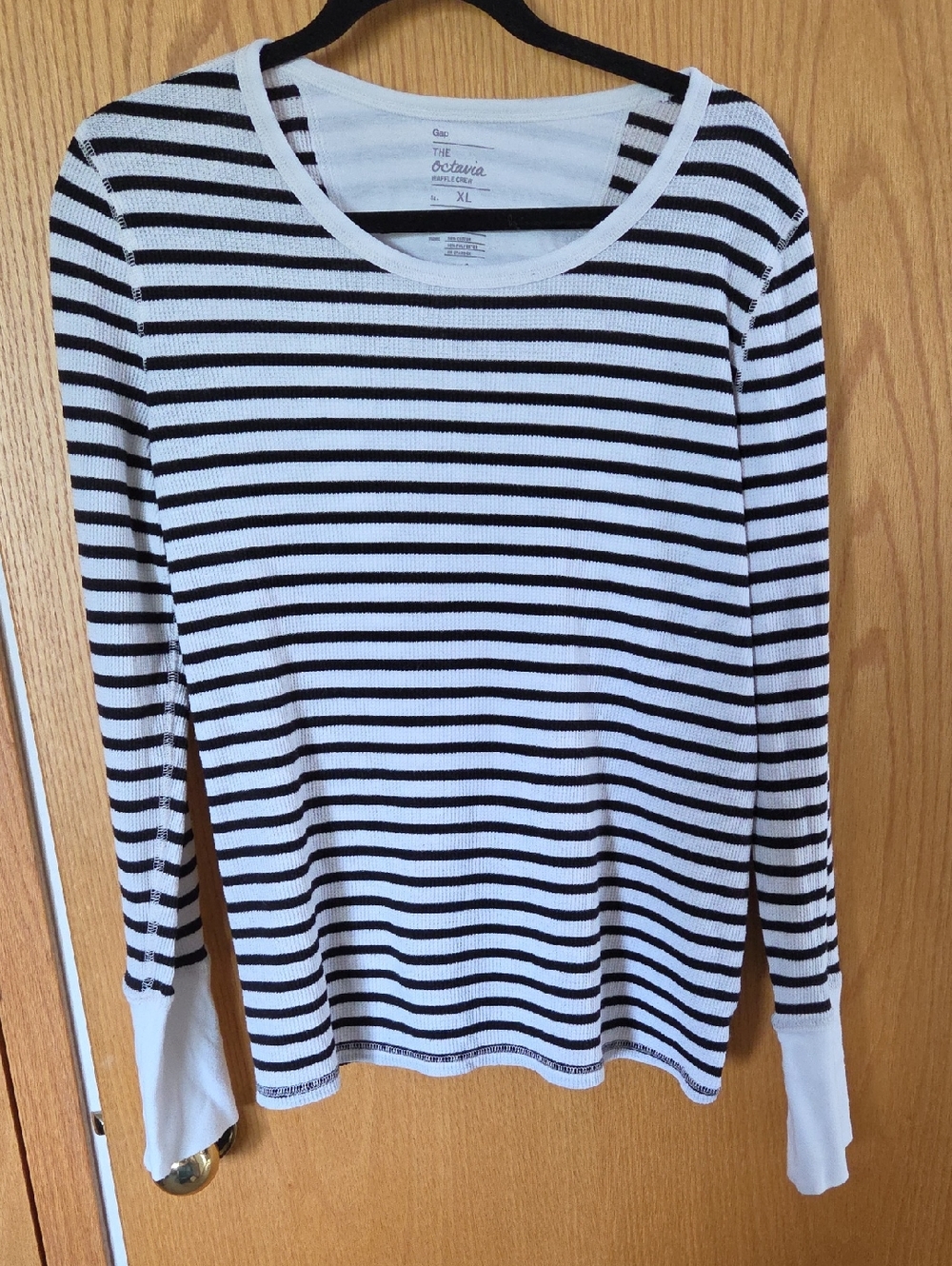 GAP Black & White Striped Crewneck Waffle Shirt